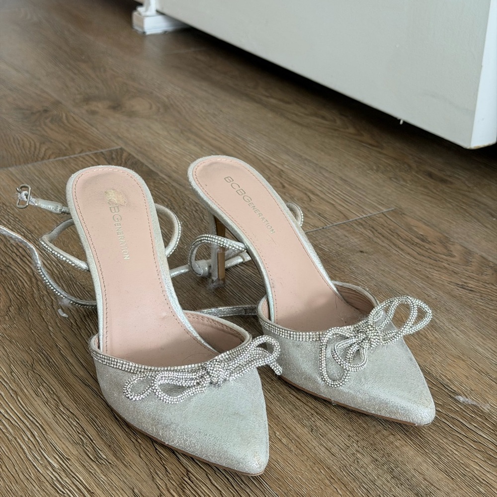 BCBGeneration Silver Pointed Toe Bow Slingback Heels